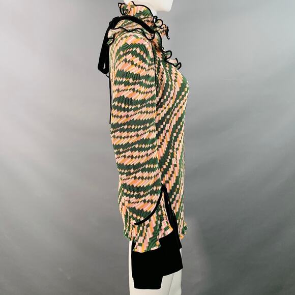 TORY BURCH Size 2 Green Pink Yellow Polyester Geometric Pleated Blouse - Picture 4 of 8